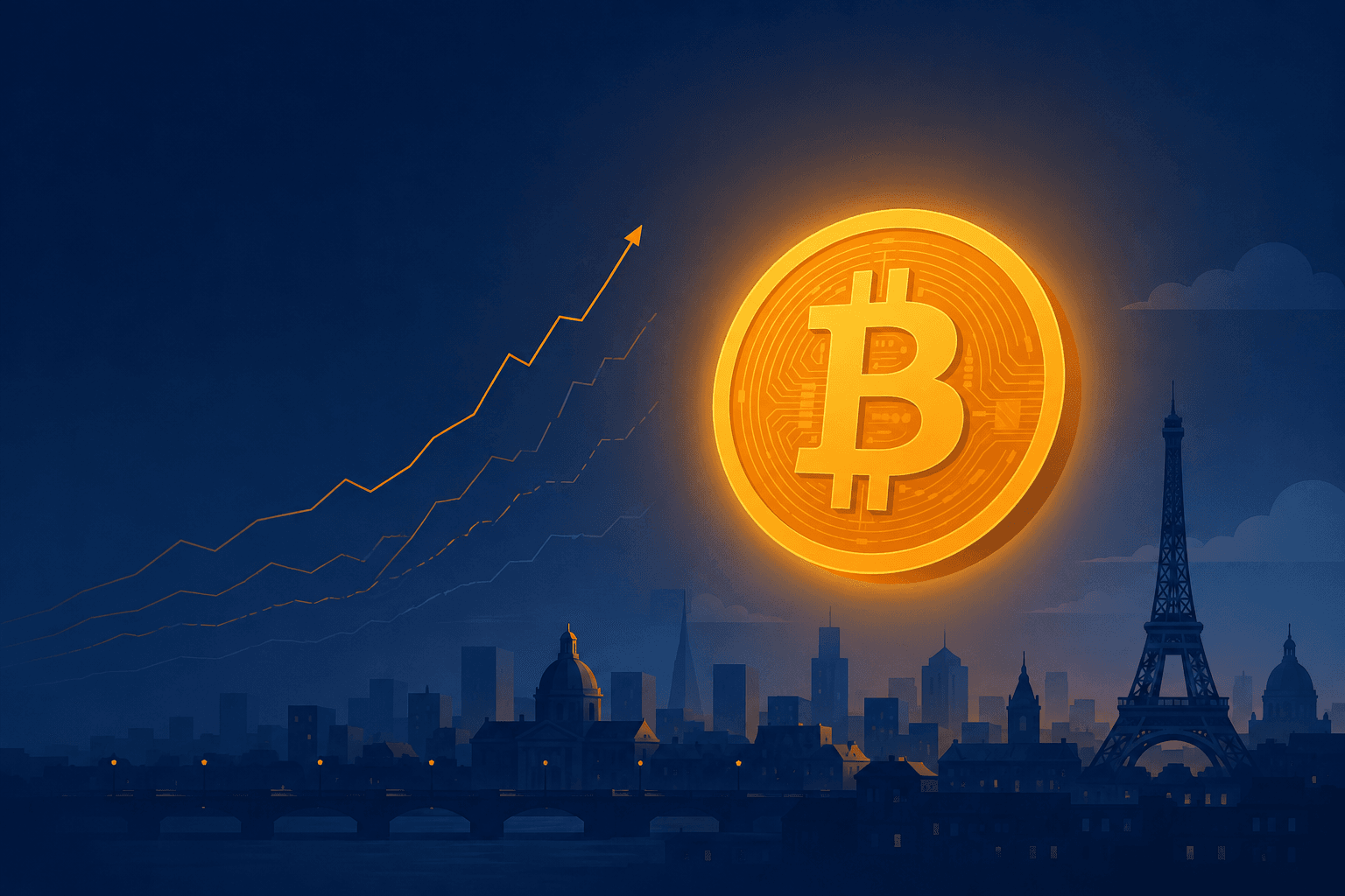 法国比特币财库公司 Capital B 增持比特币主题封面插画：比特币金币与巴黎天际线剪影（AI 生成示意图，非实拍，无文字数字）